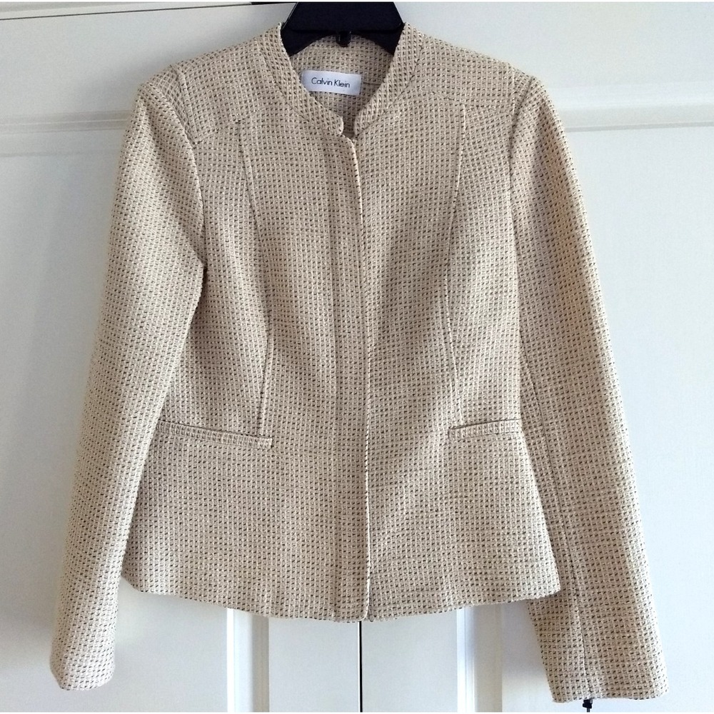 Calvin Klein Tweed Blazer Textured Zip Front Career Jacket Size 4 Lined Logo NWT